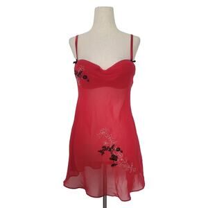 Y2K 90s Bustier Floral Embroidered Babydoll Slip Dress Size M Red Vamp Coquette